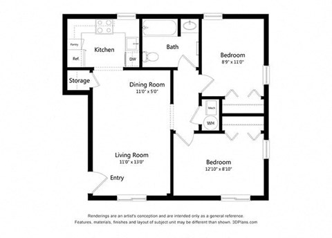 Floor plan for 2 beds, 1 bath, 668 sqft